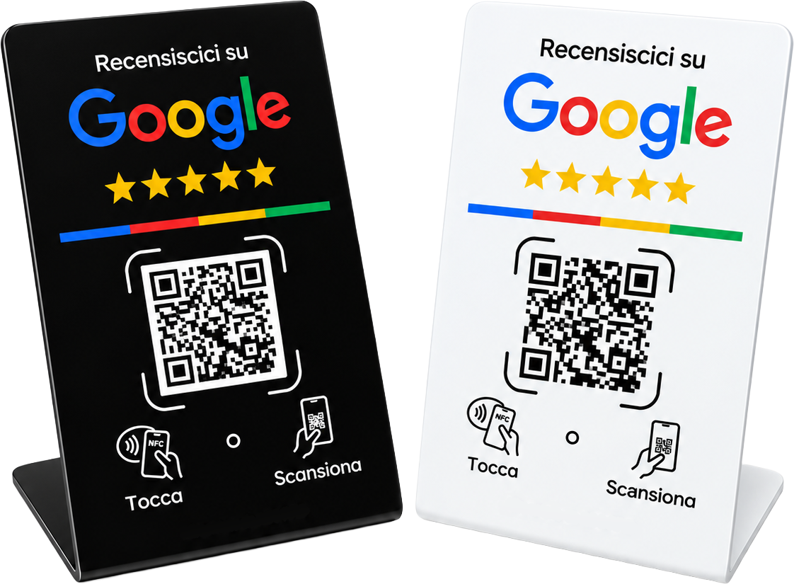 Totem da banco per le recensioni Google con chip NFC e QR code, nella versione nera e bianca